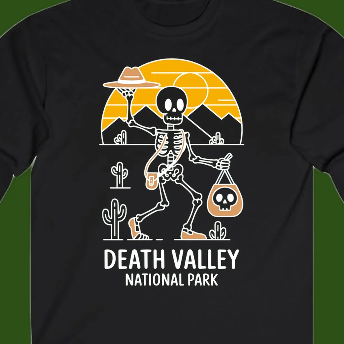 Skeleton cowboy holding skull pouch in Death Valley desert landscape with cacti, mountains, and golden sun rays