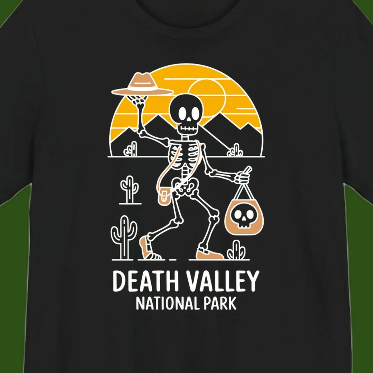 Skeleton cowboy holding skull pouch in Death Valley desert landscape with cacti, mountains, and golden sun rays
