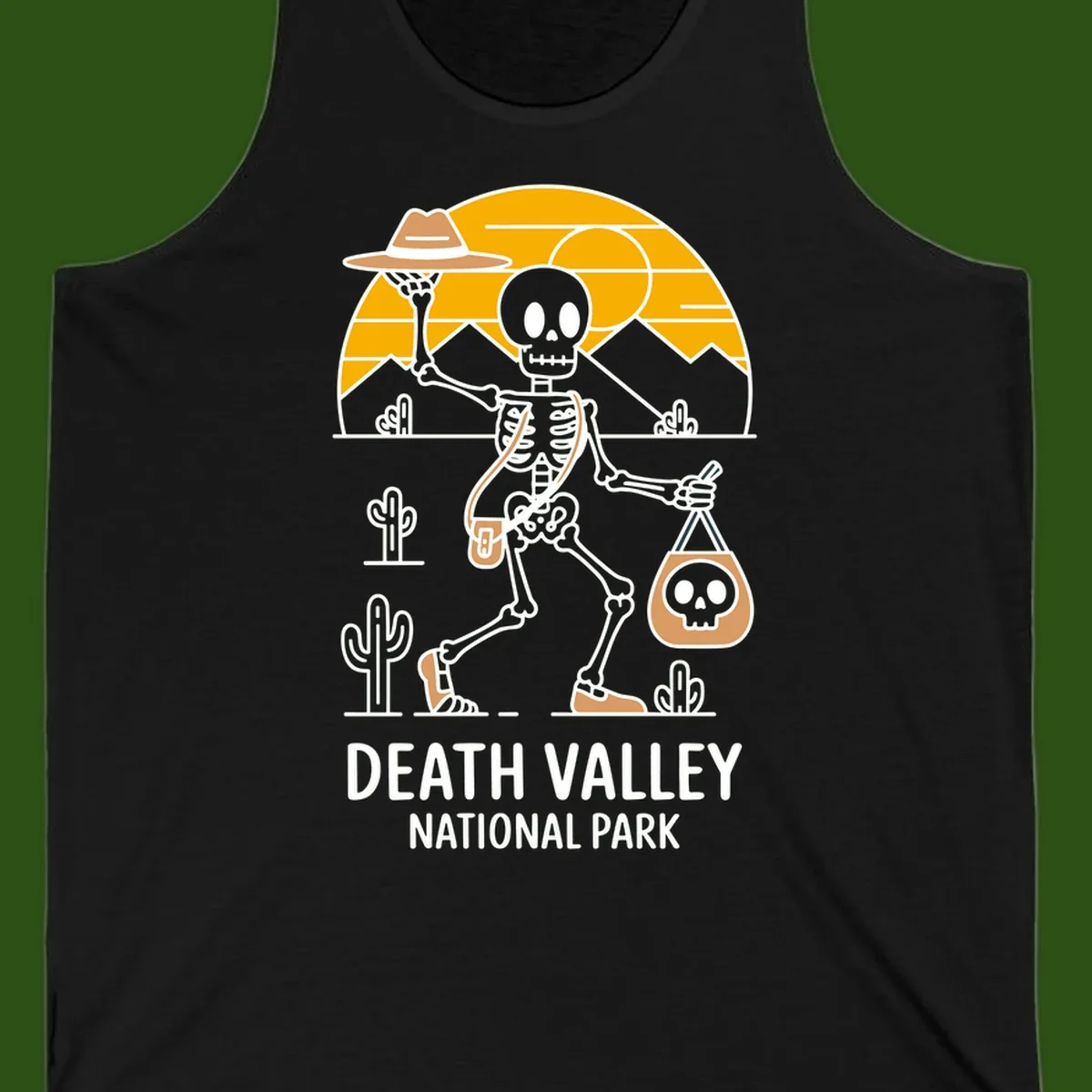 Skeleton cowboy holding skull pouch in Death Valley desert landscape with cacti, mountains, and golden sun rays