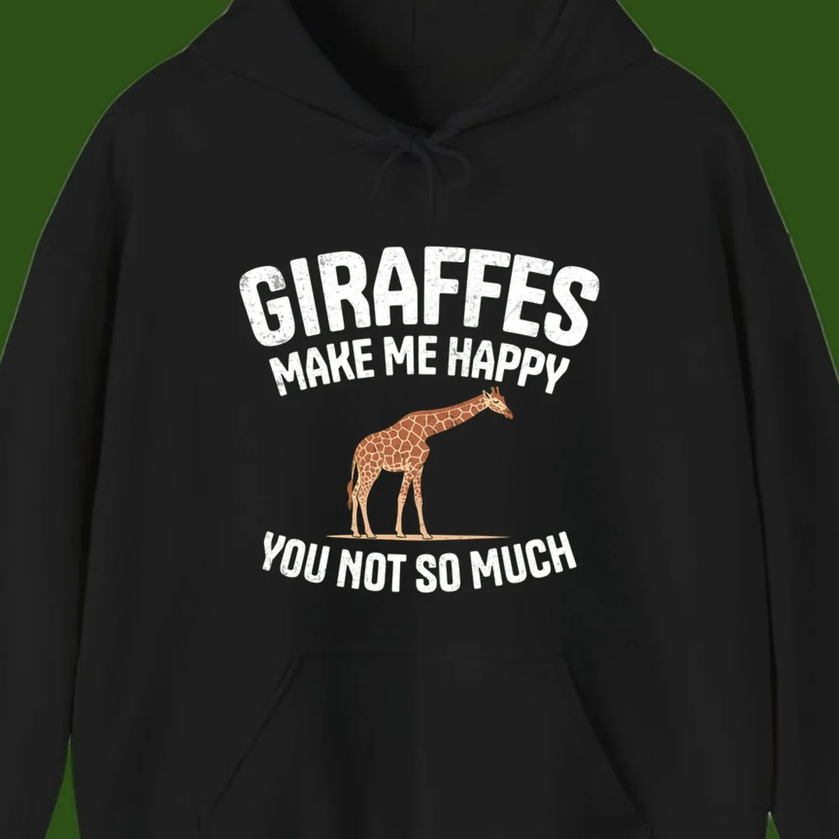 Giraffe make me happy design with distressed white text on gray background, humorous introvert-themed illustration