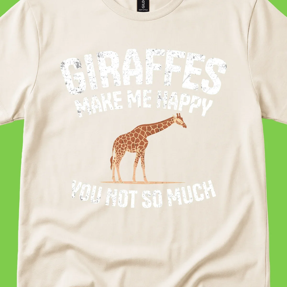Giraffe make me happy design with distressed white text on gray background, humorous introvert-themed illustration