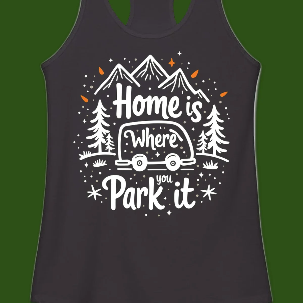 Illustrated winter camping scene with travel trailer, mountains, trees, and snowflakes with text 'Home is Where you Park it'