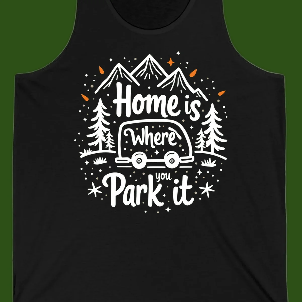 Illustrated winter camping scene with travel trailer, mountains, trees, and snowflakes with text 'Home is Where you Park it'
