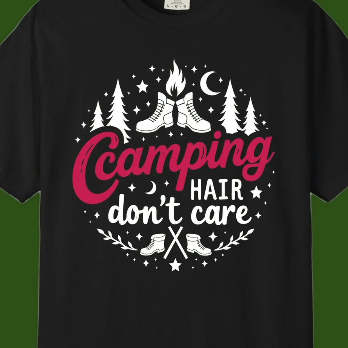 Camping hair don't care design with hiking boots, campfire, trees, moon and stars on gray background