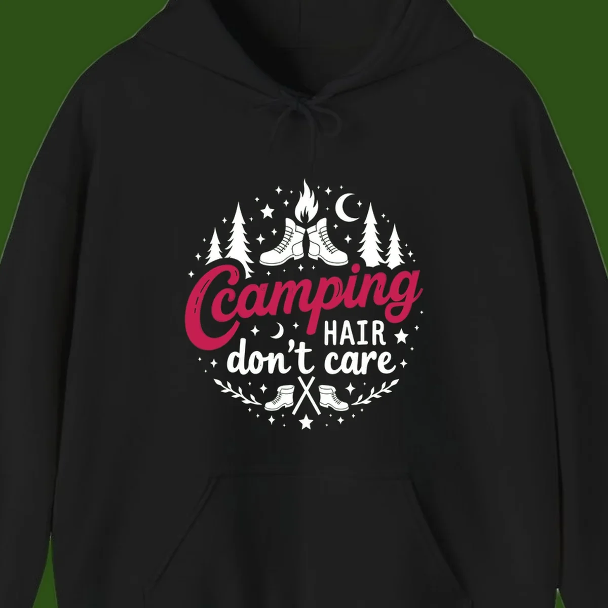 Camping hair don't care design with hiking boots, campfire, trees, moon and stars on gray background