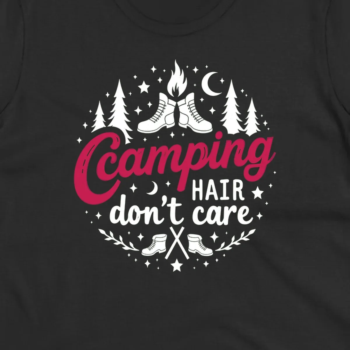 Camping hair don't care design with hiking boots, campfire, trees, moon and stars on gray background