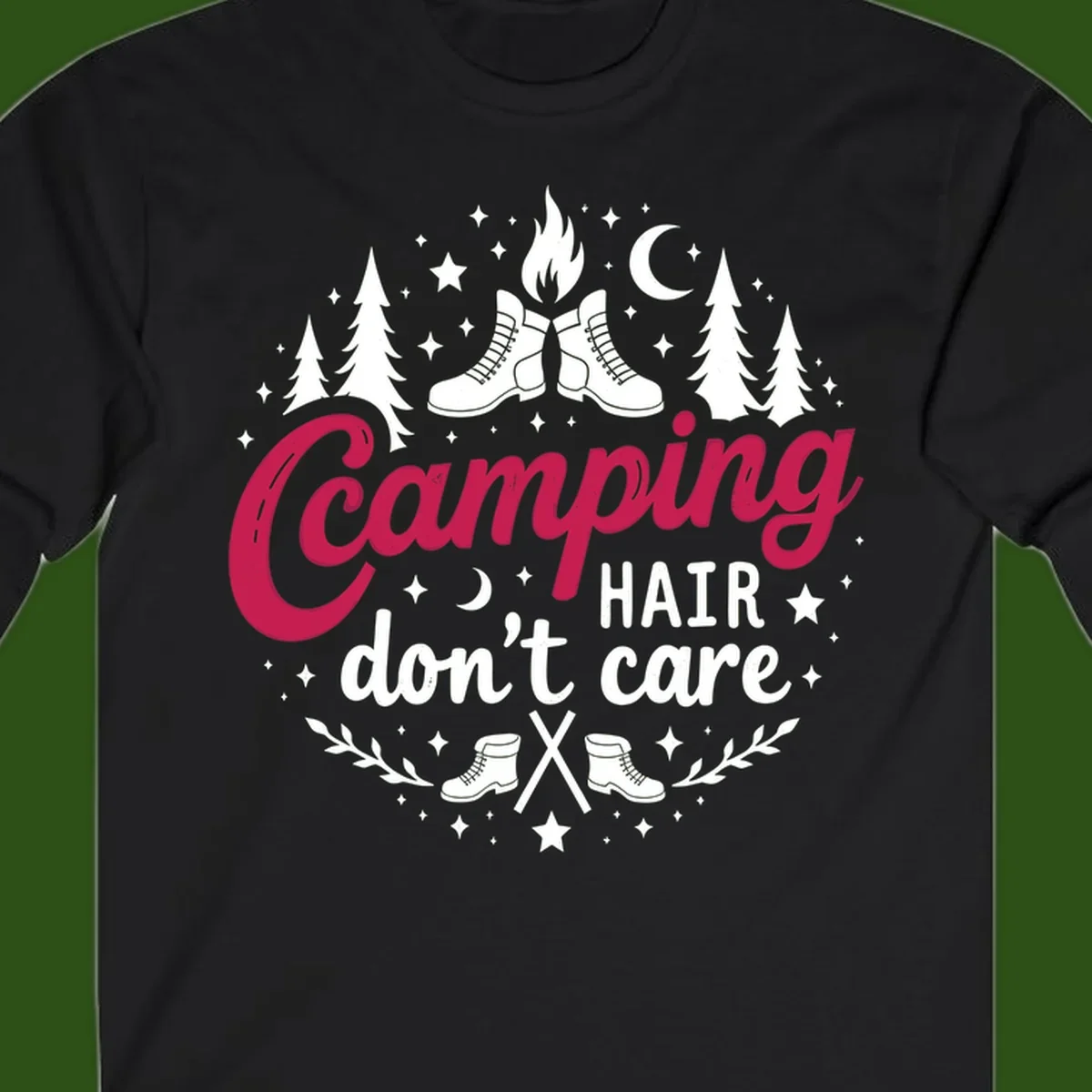 Camping hair don't care design with hiking boots, campfire, trees, moon and stars on gray background