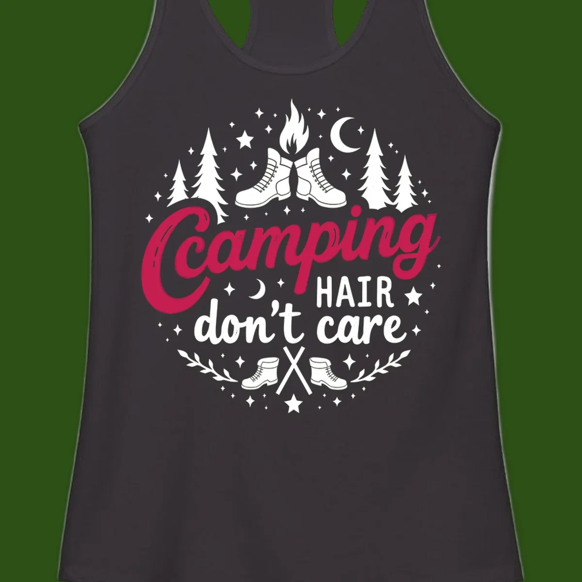 Camping hair don't care design with hiking boots, campfire, trees, moon and stars on gray background