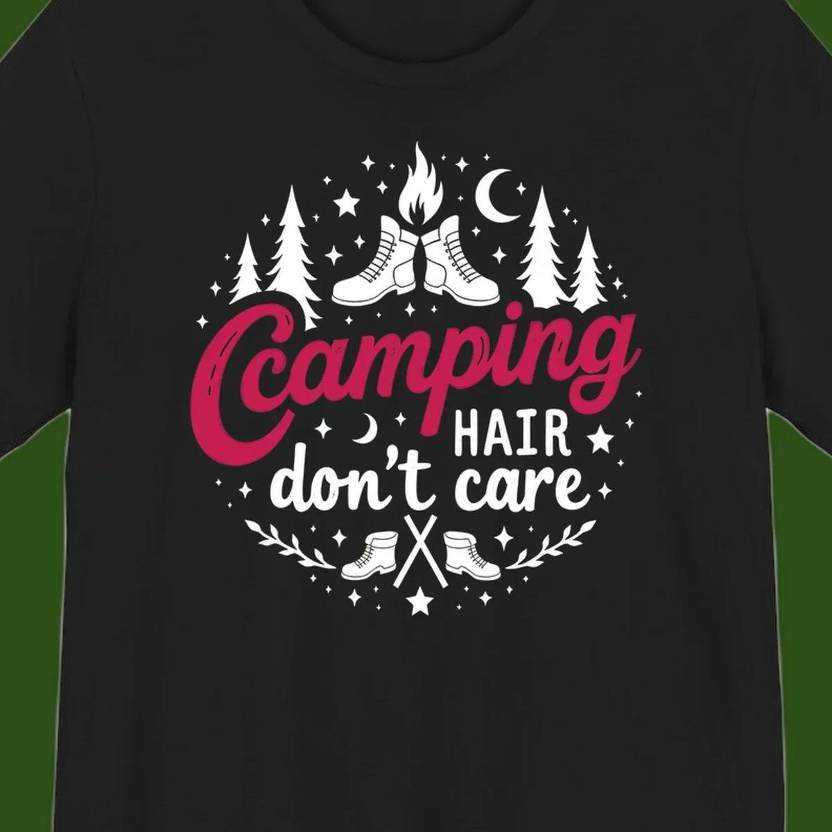 Camping hair don't care design with hiking boots, campfire, trees, moon and stars on gray background