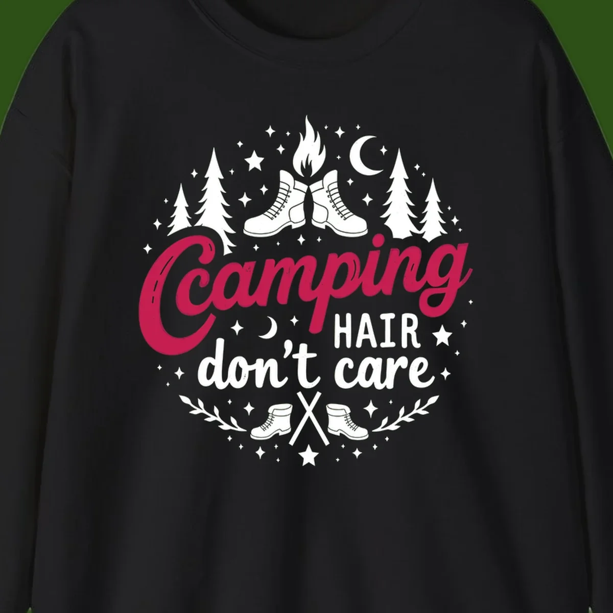 Camping hair don't care design with hiking boots, campfire, trees, moon and stars on gray background
