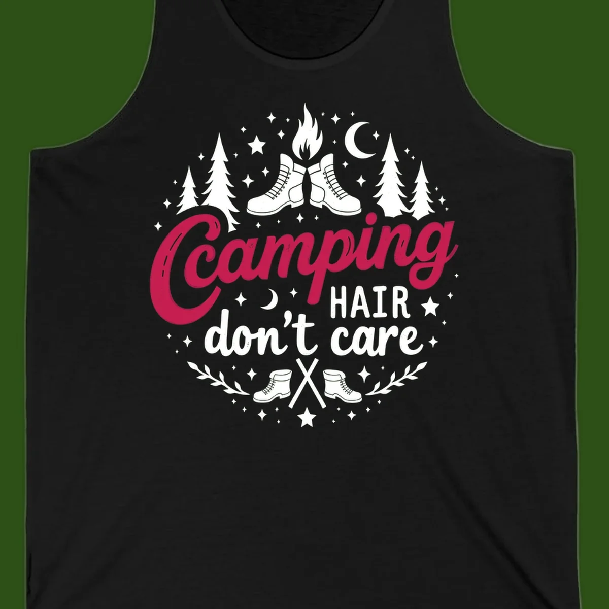 Camping hair don't care design with hiking boots, campfire, trees, moon and stars on gray background