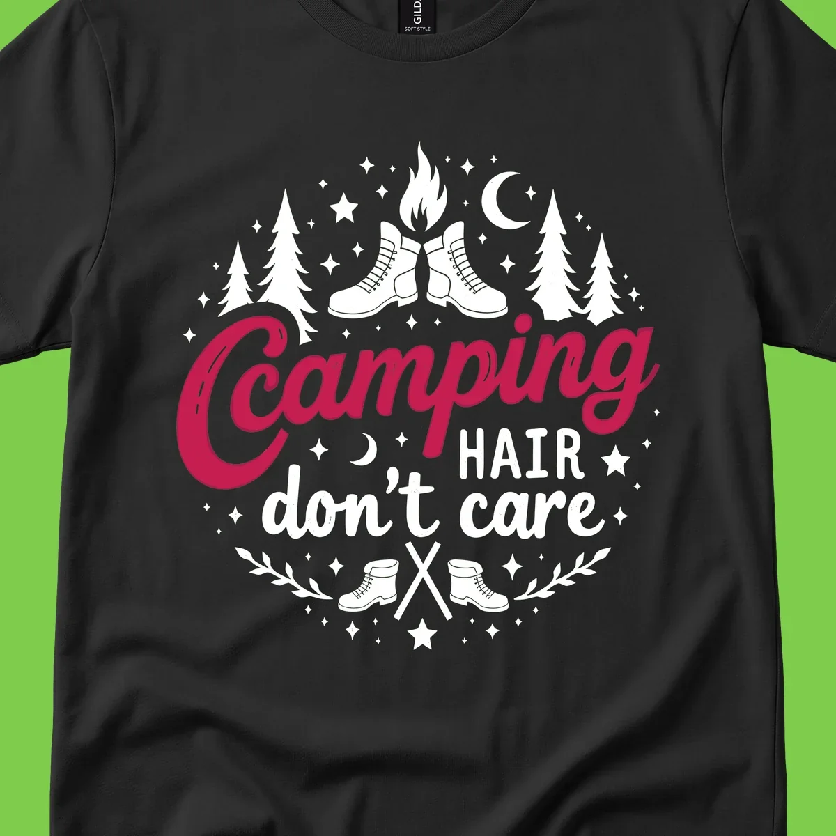 Camping hair don't care design with hiking boots, campfire, trees, moon and stars on gray background