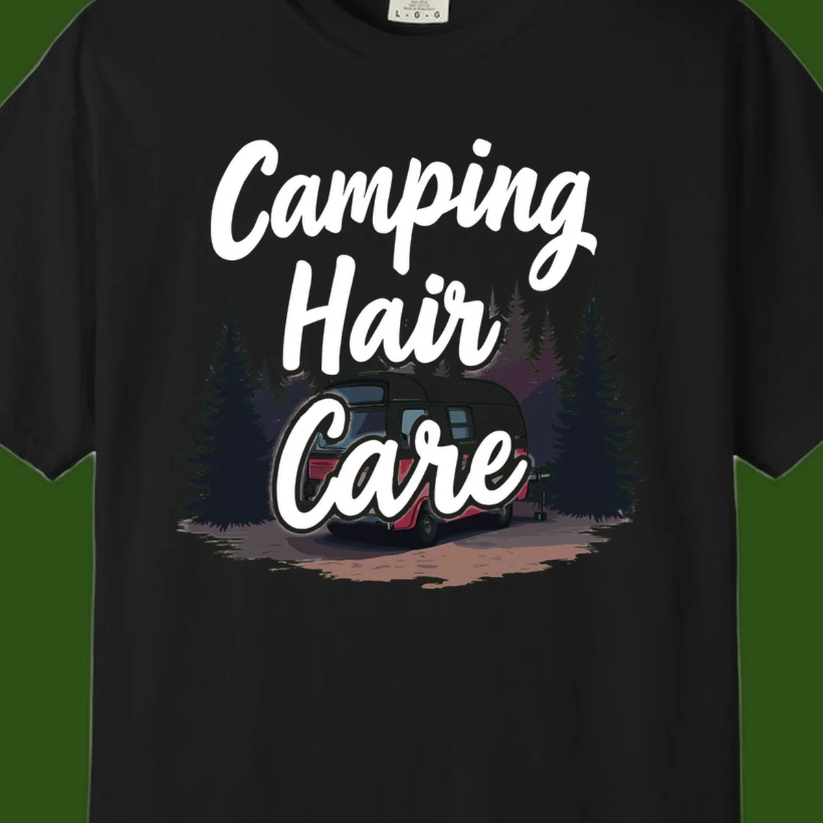 Retro red and gray vintage travel trailer surrounded by tall evergreen trees with white script text reading 'Camping Hair Care'