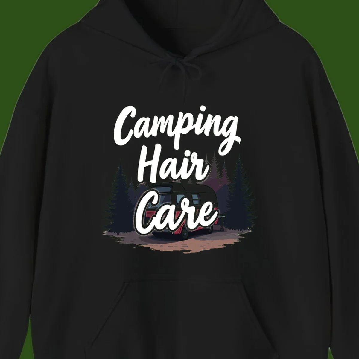 Retro red and gray vintage travel trailer surrounded by tall evergreen trees with white script text reading 'Camping Hair Care'