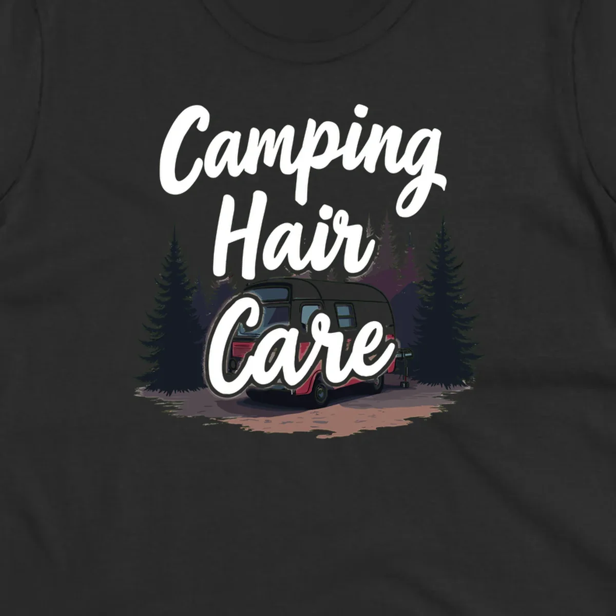 Retro red and gray vintage travel trailer surrounded by tall evergreen trees with white script text reading 'Camping Hair Care'