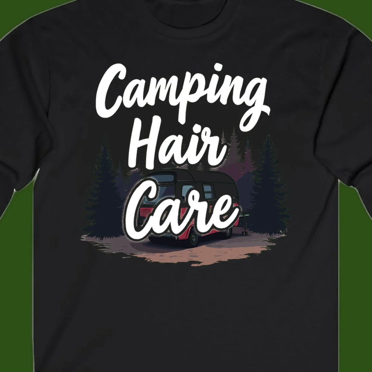 Retro red and gray vintage travel trailer surrounded by tall evergreen trees with white script text reading 'Camping Hair Care'