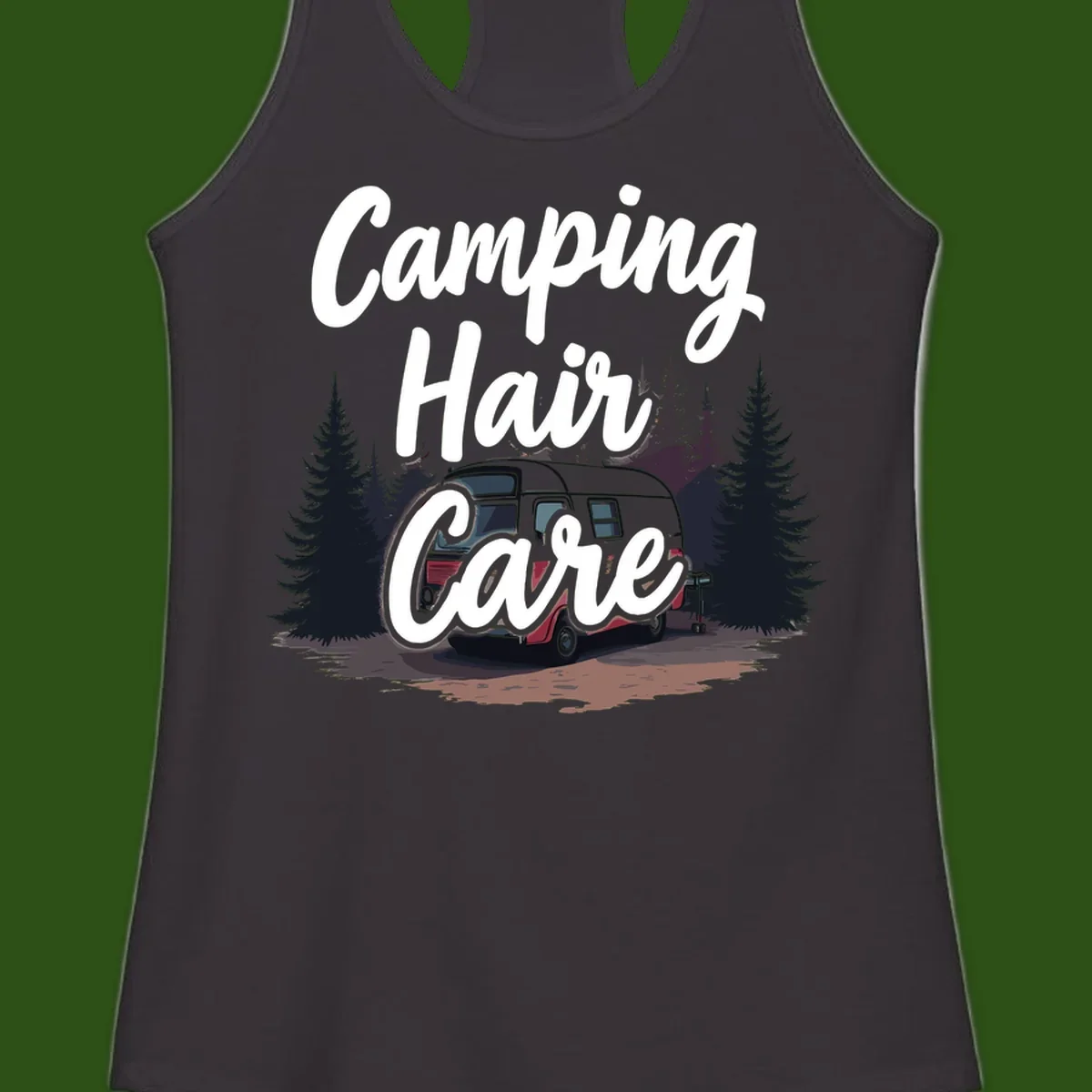 Retro red and gray vintage travel trailer surrounded by tall evergreen trees with white script text reading 'Camping Hair Care'