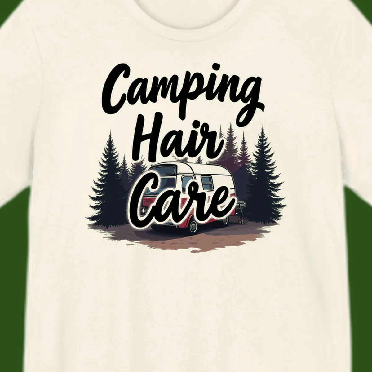 Retro red and gray vintage travel trailer surrounded by tall evergreen trees with white script text reading 'Camping Hair Care'