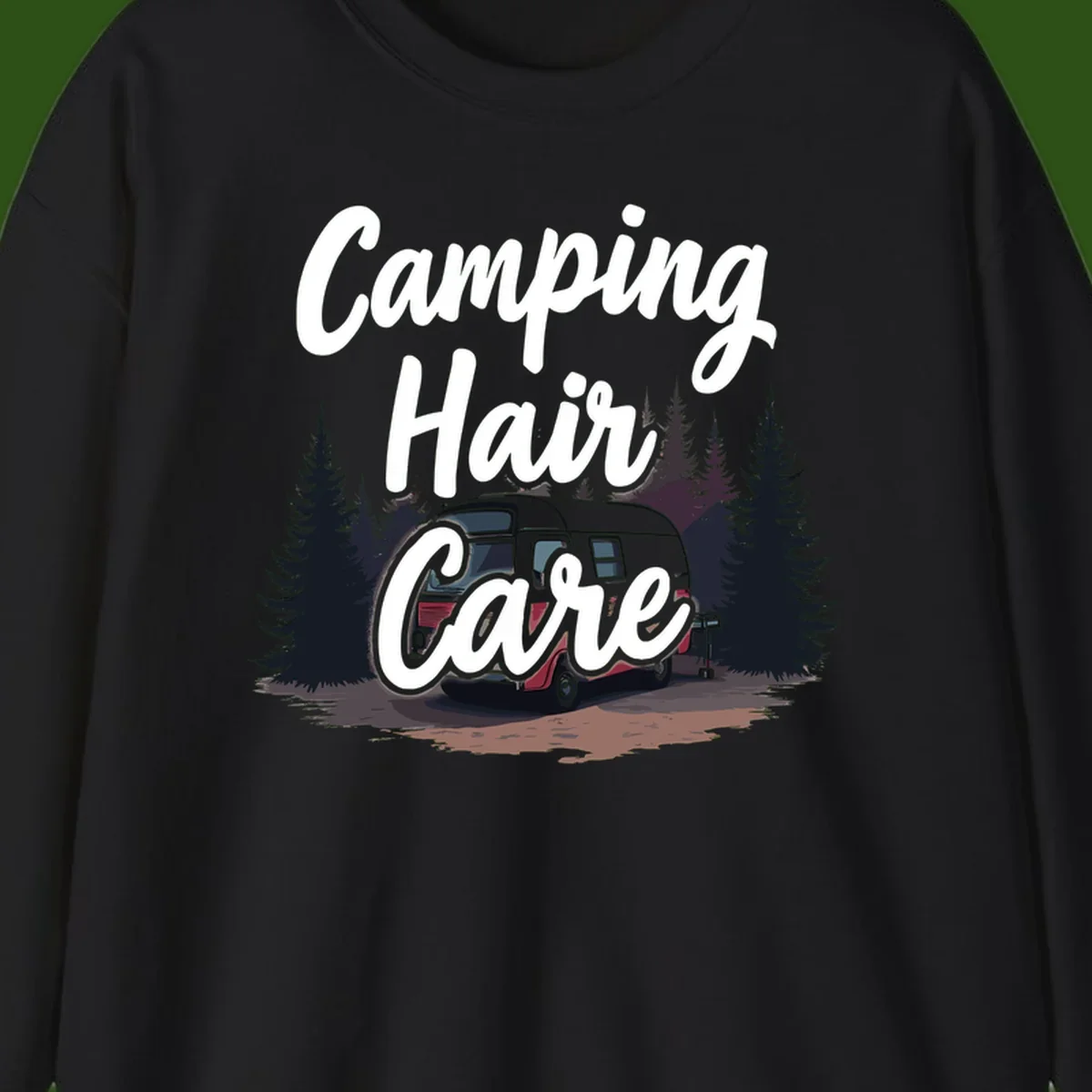 Retro red and gray vintage travel trailer surrounded by tall evergreen trees with white script text reading 'Camping Hair Care'