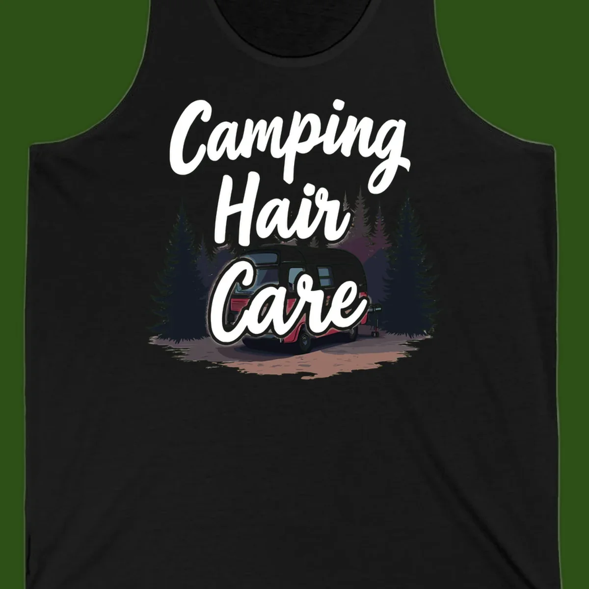 Retro red and gray vintage travel trailer surrounded by tall evergreen trees with white script text reading 'Camping Hair Care'