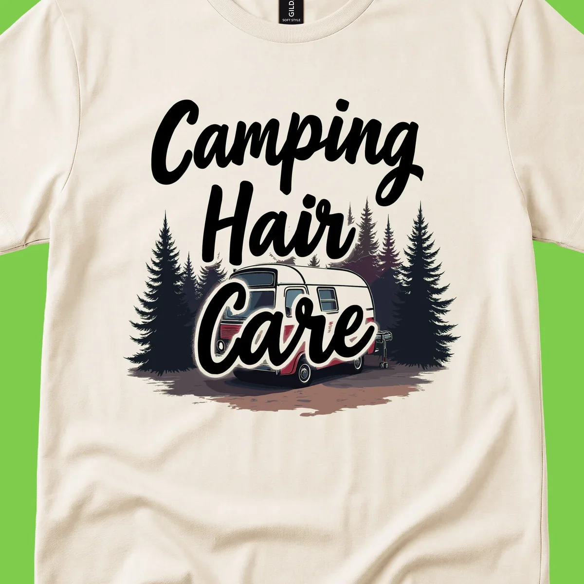 Retro red and gray vintage travel trailer surrounded by tall evergreen trees with white script text reading 'Camping Hair Care'