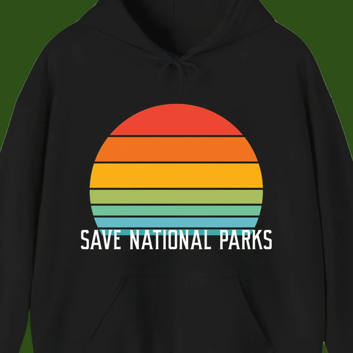 Retro layered sunset design with save national parks text in white, featuring horizontal color bands in red, orange, yellow, green, and blue.
