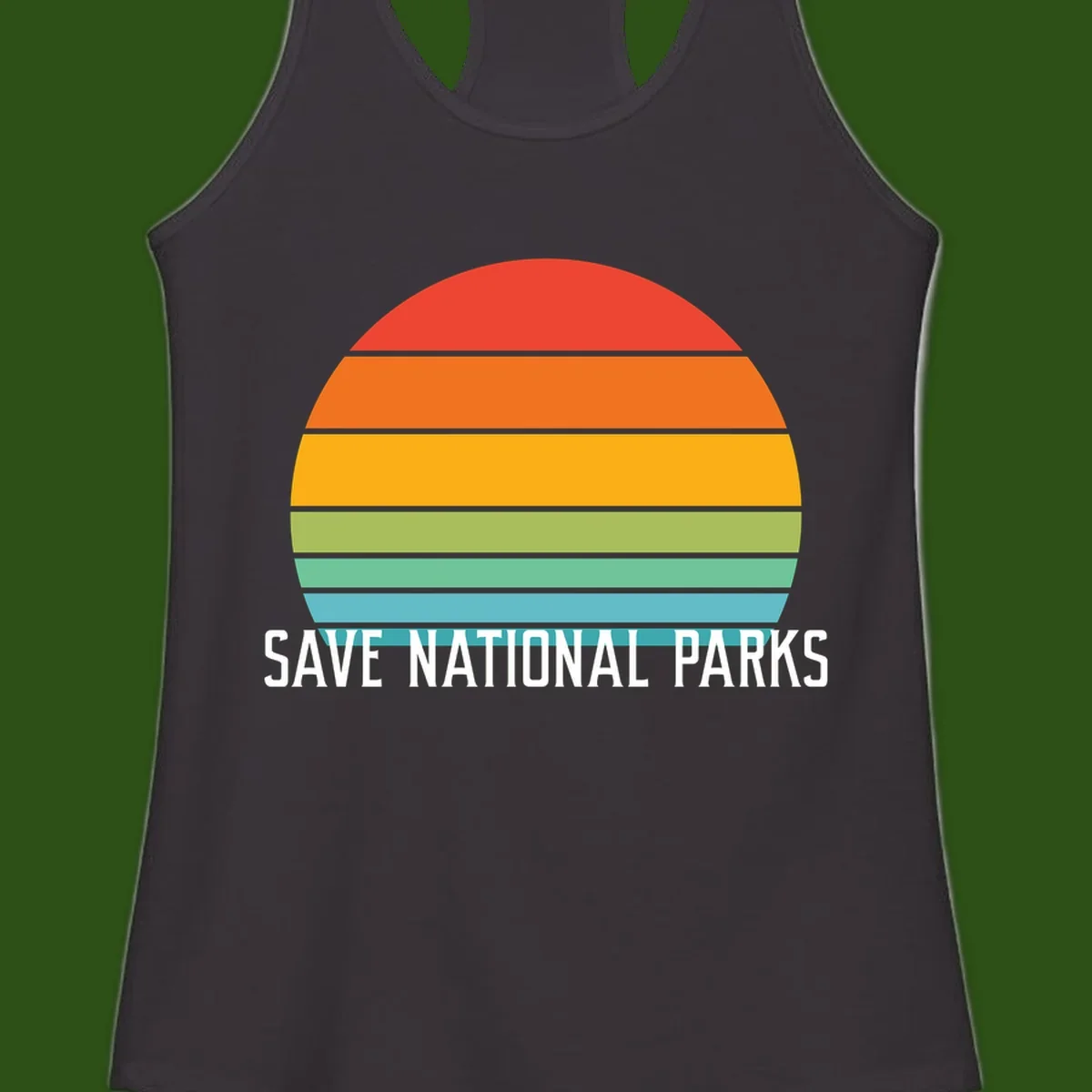 Retro layered sunset design with save national parks text in white, featuring horizontal color bands in red, orange, yellow, green, and blue.