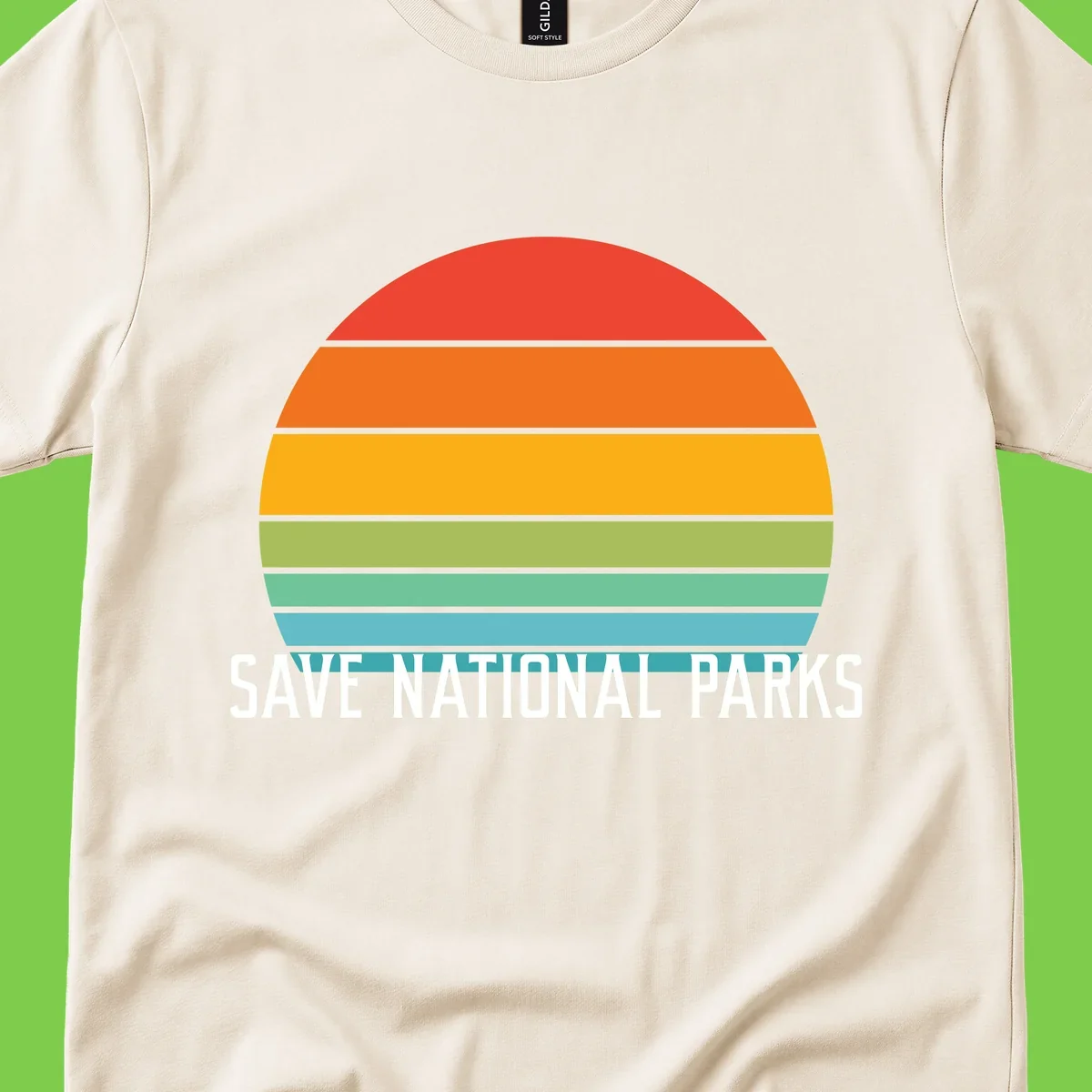 Retro layered sunset design with save national parks text in white, featuring horizontal color bands in red, orange, yellow, green, and blue.