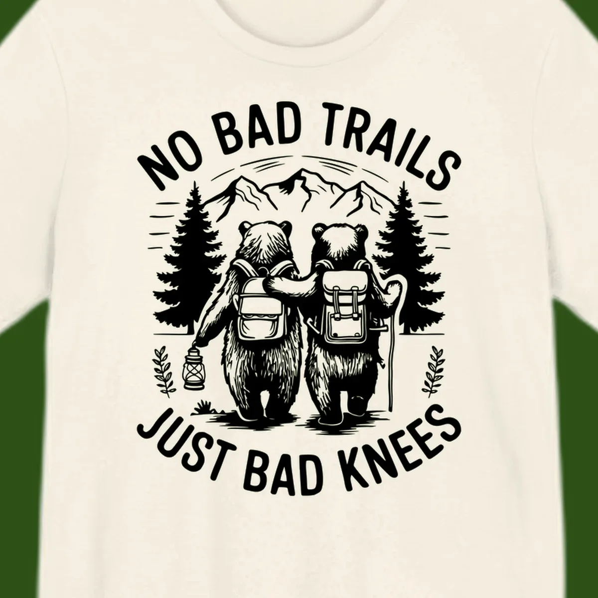 Two cartoon bears with backpacks hiking in mountains with text 'No Bad Trails Just Bad Knees' - humorous outdoor camping design