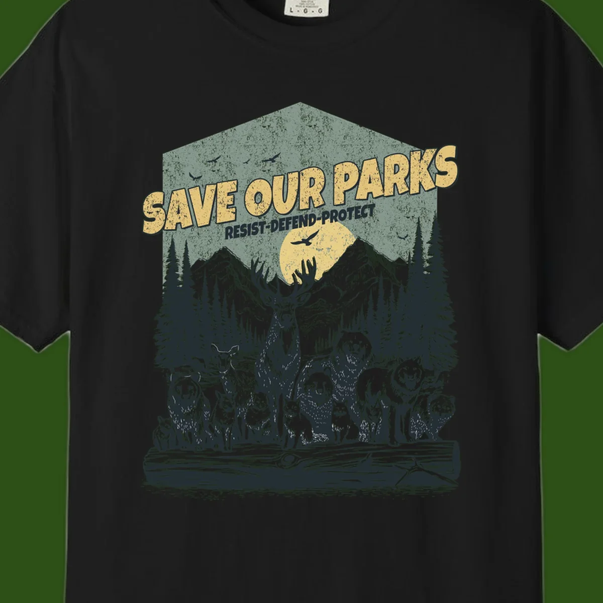 Vintage illustration of elk, bears, wolves and deer gathered in a moonlit forest with mountains, text reads 'Save Our Parks Resist-Defend-Protect'