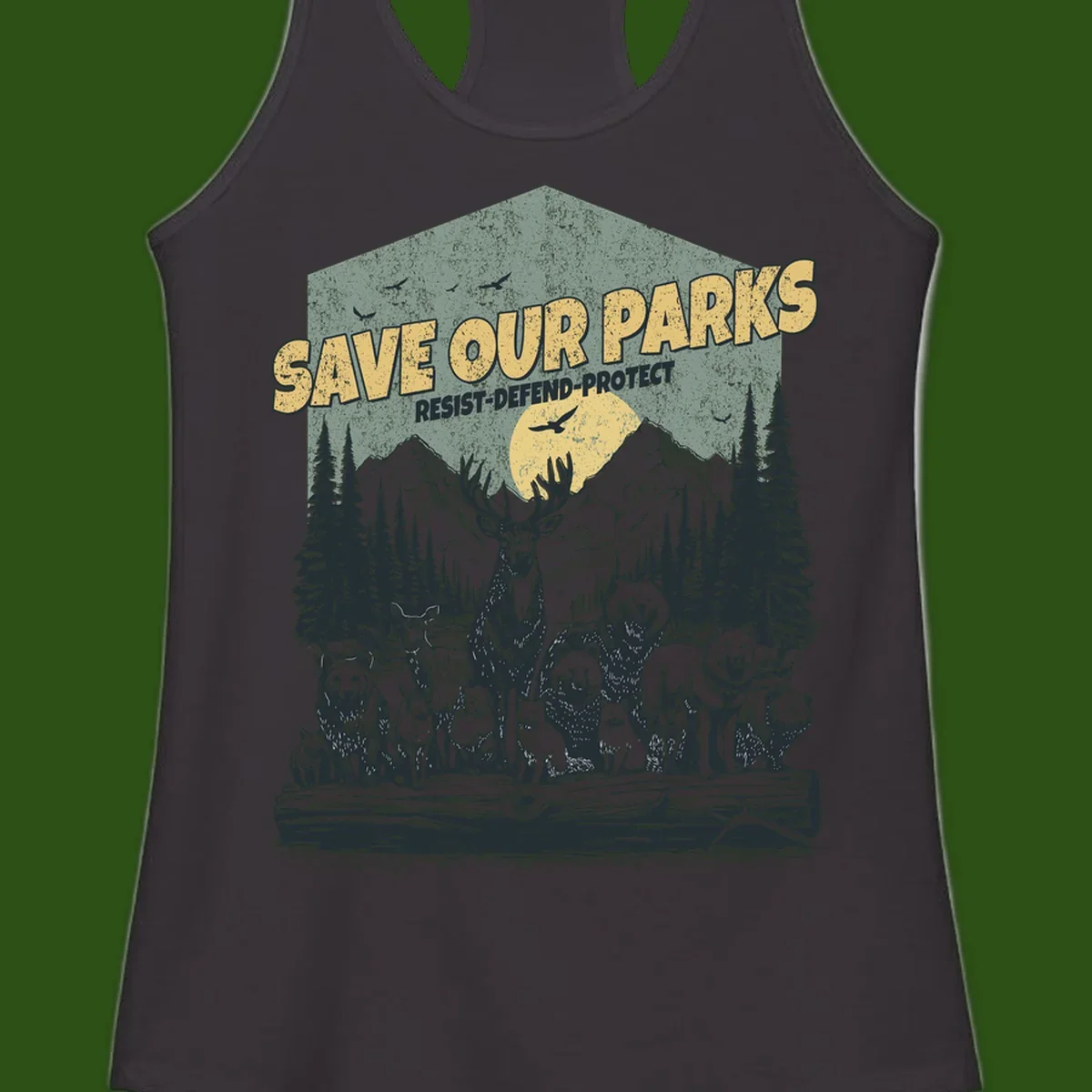 Vintage illustration of elk, bears, wolves and deer gathered in a moonlit forest with mountains, text reads 'Save Our Parks Resist-Defend-Protect'