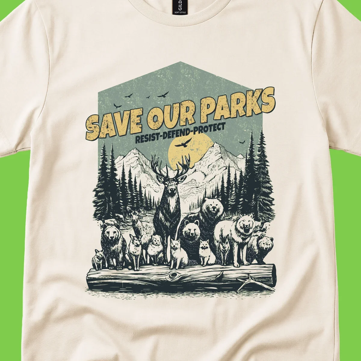 Vintage illustration of elk, bears, wolves and deer gathered in a moonlit forest with mountains, text reads 'Save Our Parks Resist-Defend-Protect'