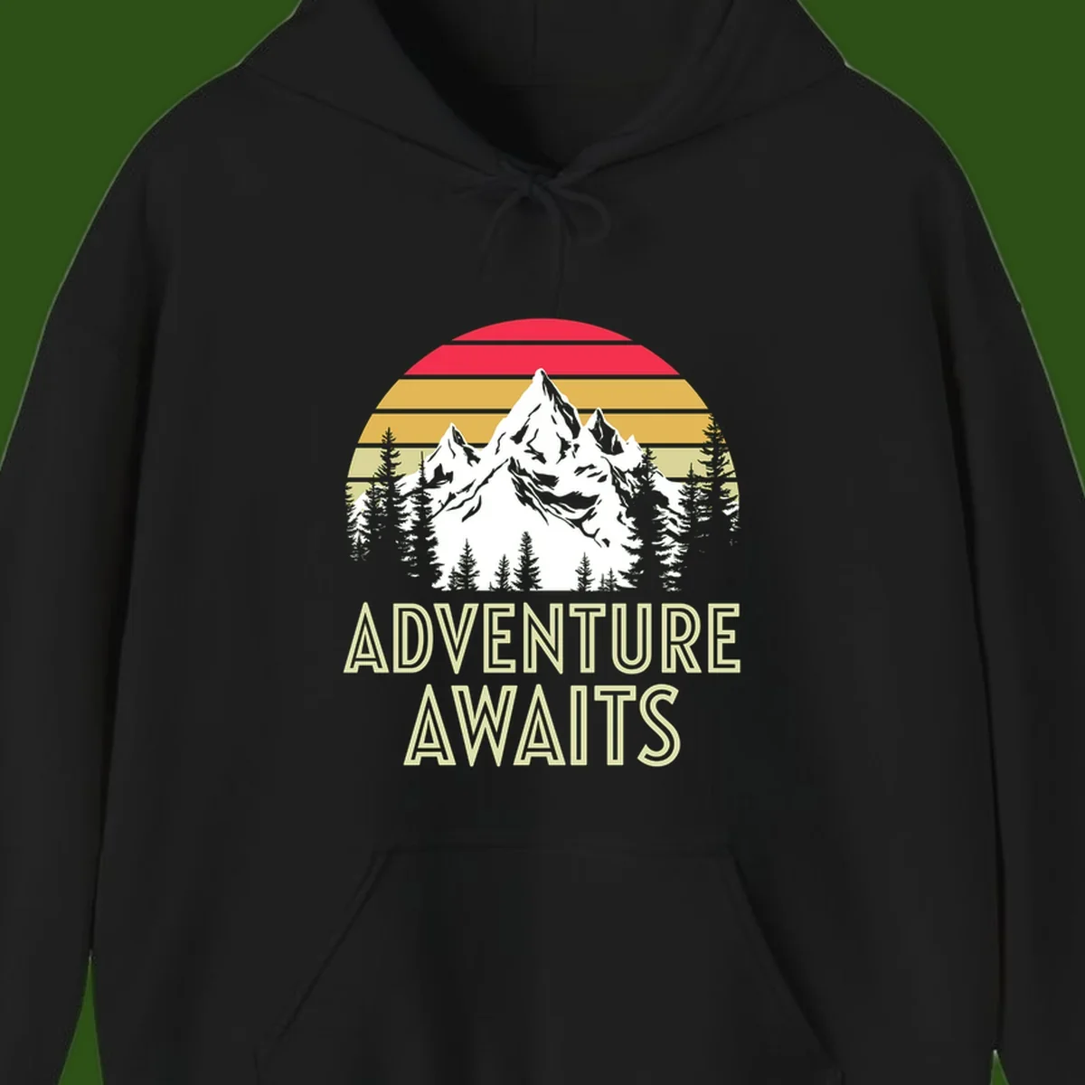 Retro adventure awaits design with snow mountains, evergreen forest, and layered sunset stripes in warm vintage colors