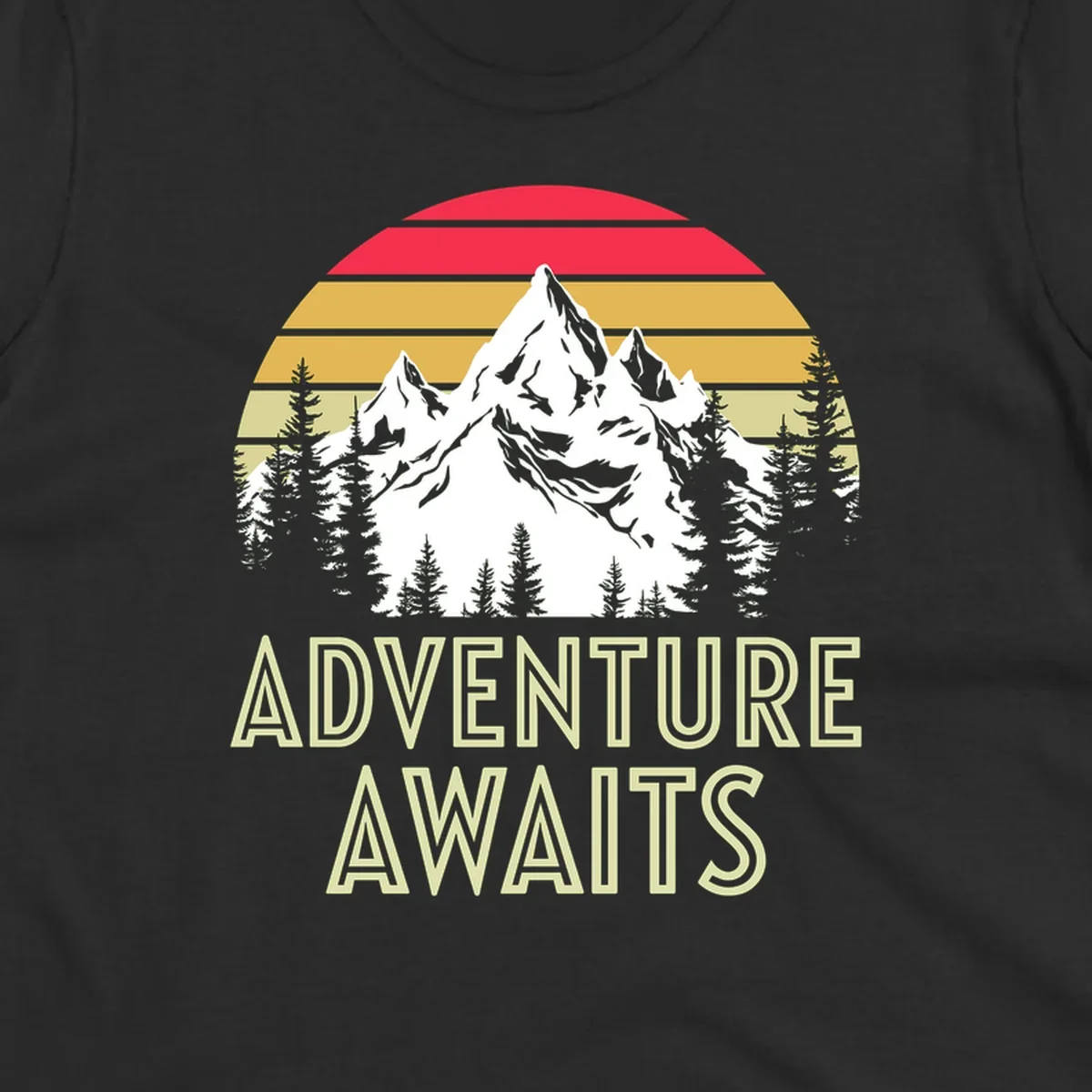 Retro adventure awaits design with snow mountains, evergreen forest, and layered sunset stripes in warm vintage colors