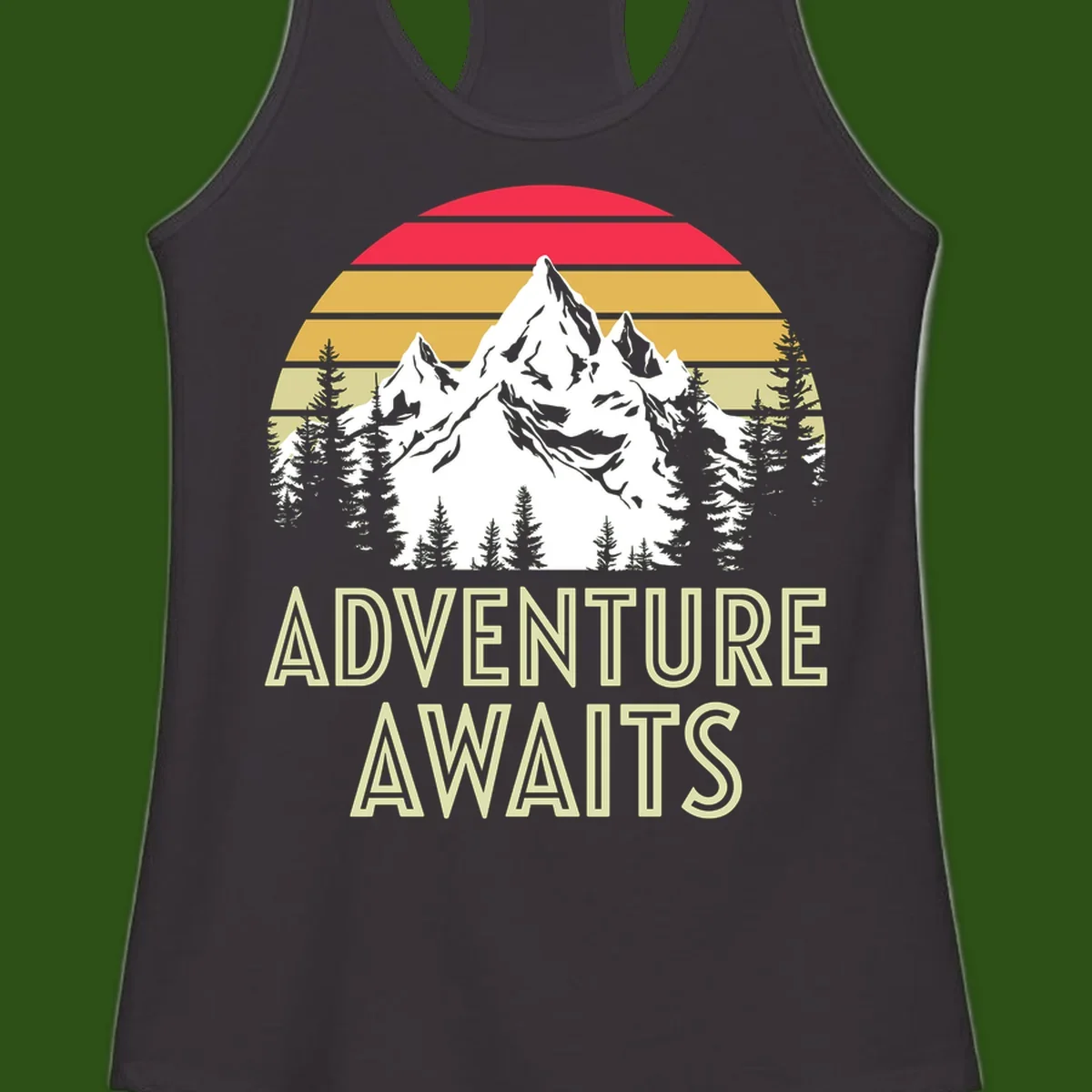 Retro adventure awaits design with snow mountains, evergreen forest, and layered sunset stripes in warm vintage colors