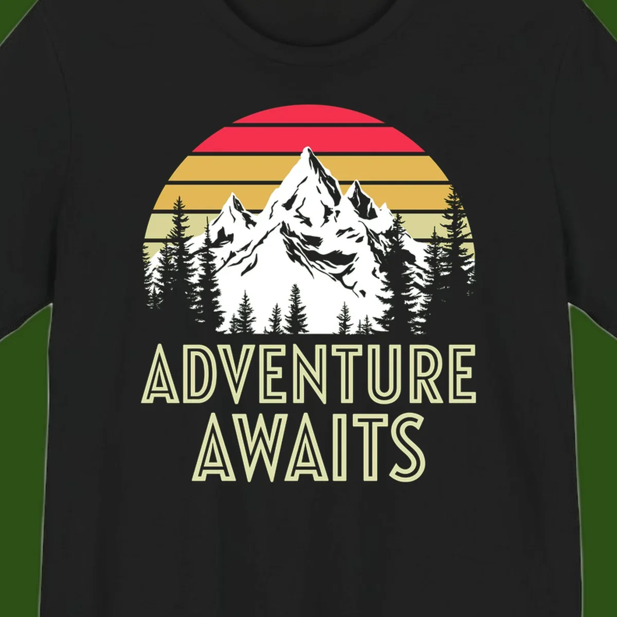 Retro adventure awaits design with snow mountains, evergreen forest, and layered sunset stripes in warm vintage colors