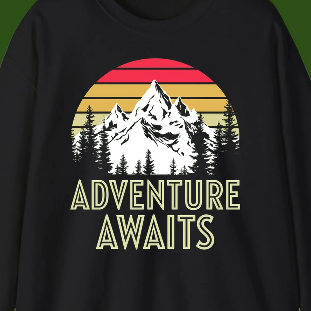 Retro adventure awaits design with snow mountains, evergreen forest, and layered sunset stripes in warm vintage colors