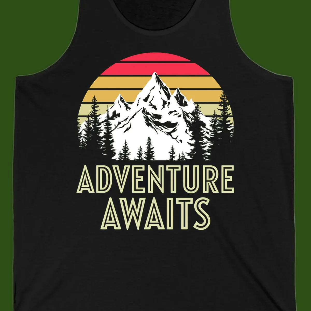 Retro adventure awaits design with snow mountains, evergreen forest, and layered sunset stripes in warm vintage colors