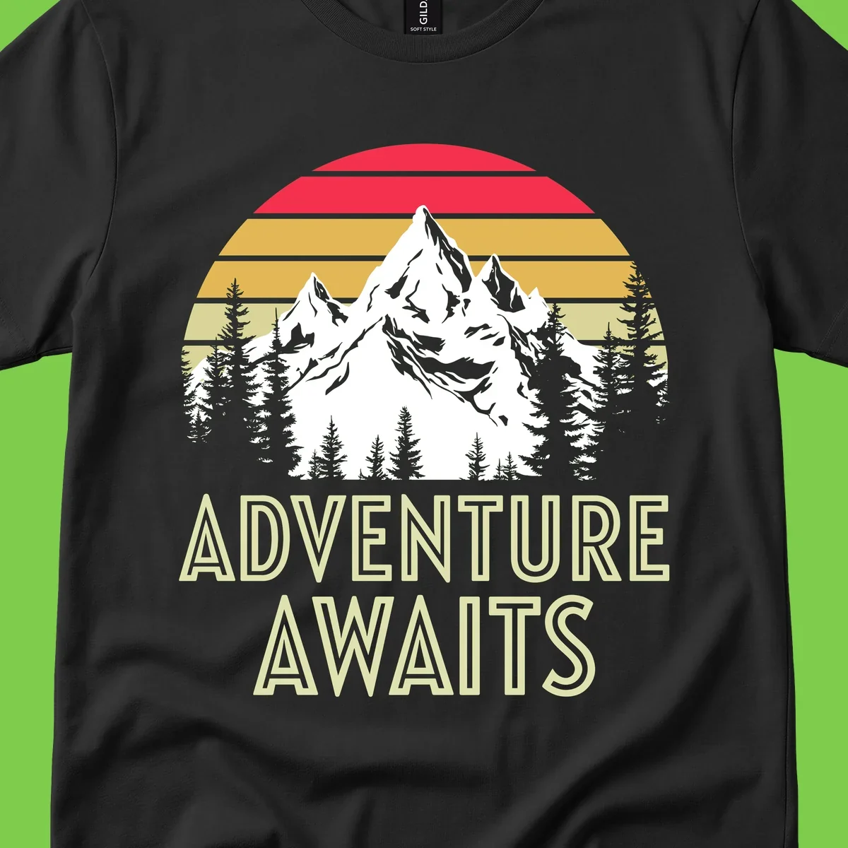 Retro adventure awaits design with snow mountains, evergreen forest, and layered sunset stripes in warm vintage colors