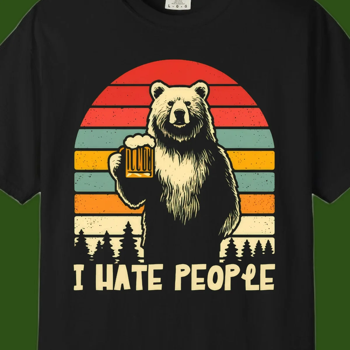 Retro illustration of a grizzly bear holding a beer mug against colorful horizontal stripes with forest and mountain silhouettes, text reads 'I HATE PEOPLE'