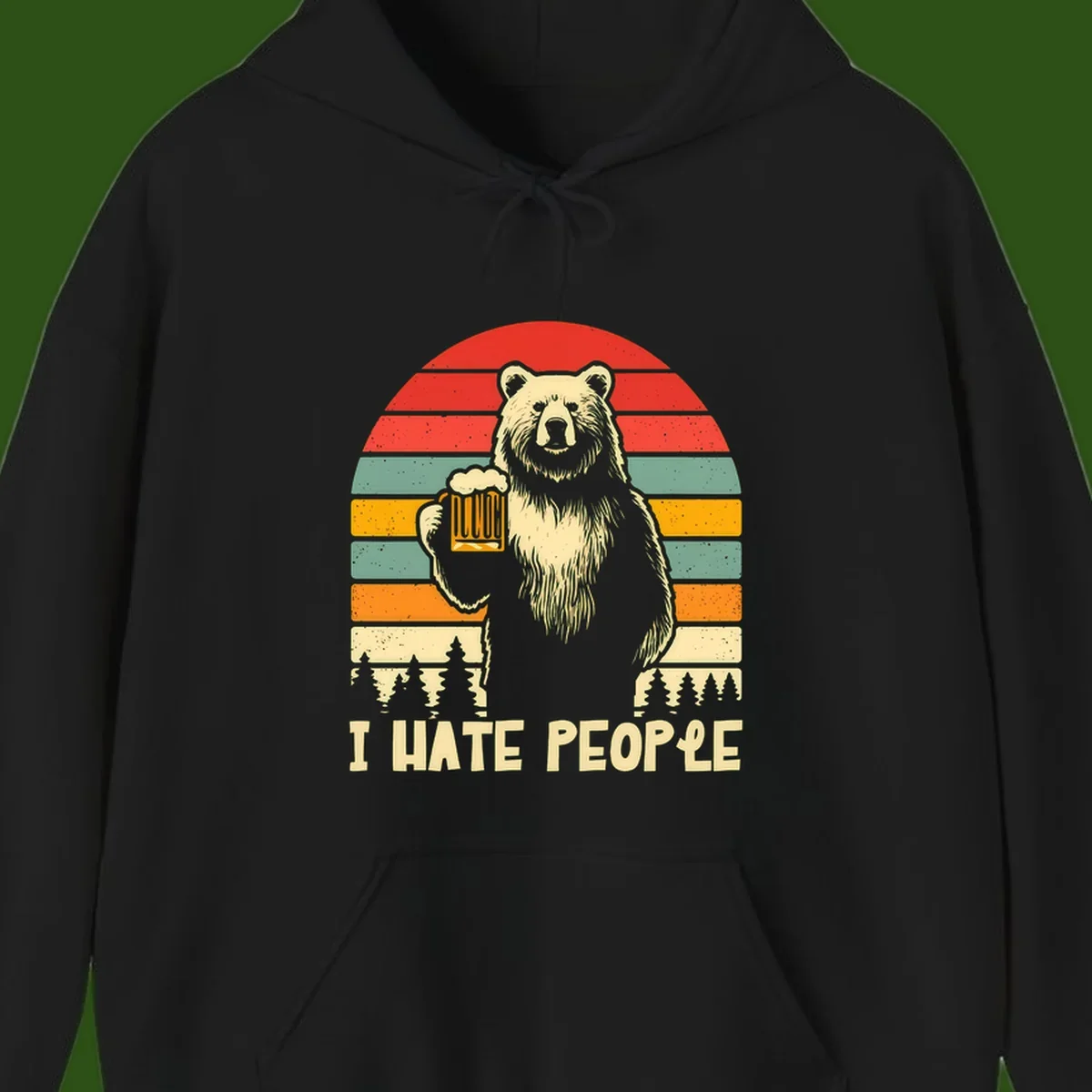 Retro illustration of a grizzly bear holding a beer mug against colorful horizontal stripes with forest and mountain silhouettes, text reads 'I HATE PEOPLE'