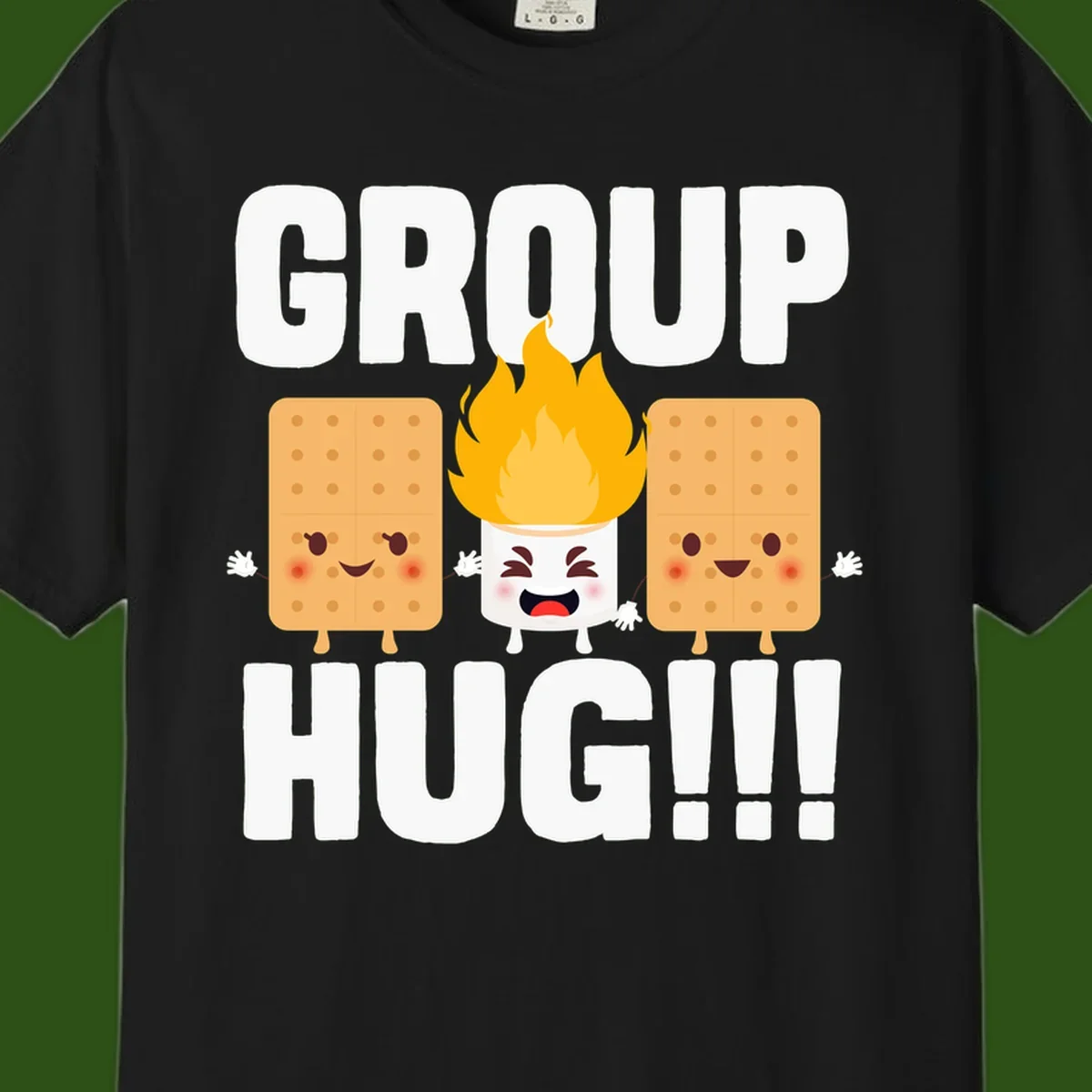 Illustration of two smiling graham crackers and a flaming marshmallow hugging under the text 'GROUP HUG' celebrating s'mores togetherness.