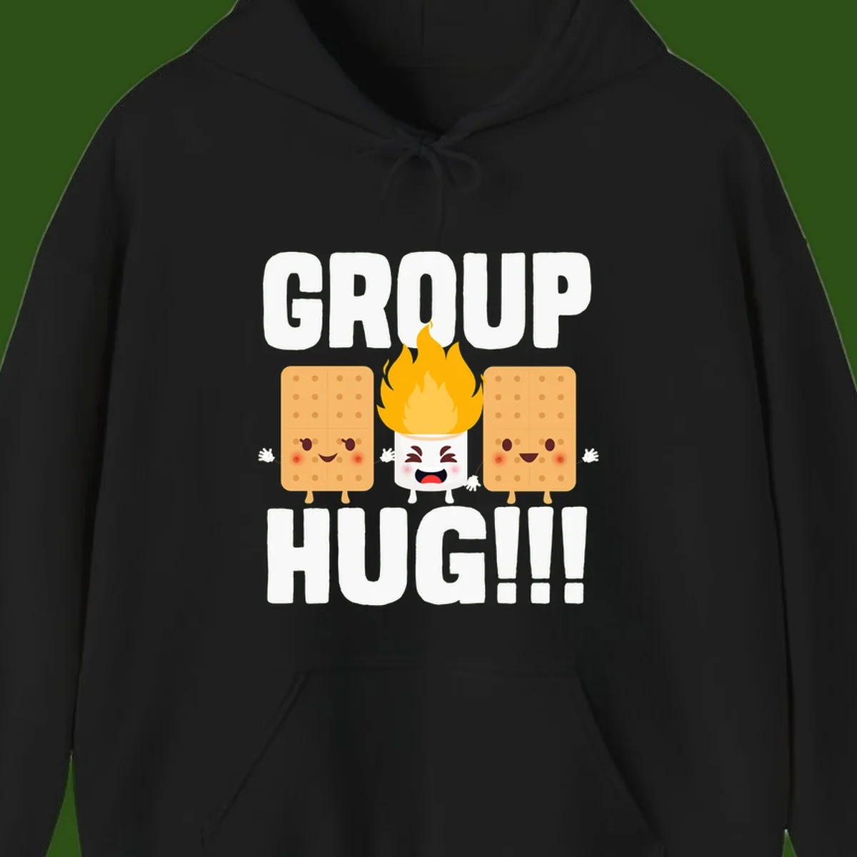 Illustration of two smiling graham crackers and a flaming marshmallow hugging under the text 'GROUP HUG' celebrating s'mores togetherness.