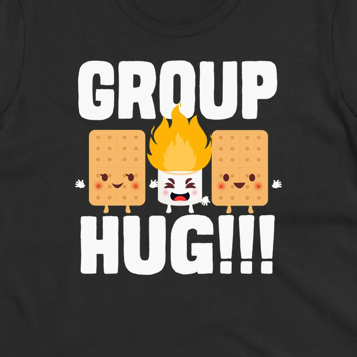 Illustration of two smiling graham crackers and a flaming marshmallow hugging under the text 'GROUP HUG' celebrating s'mores togetherness.