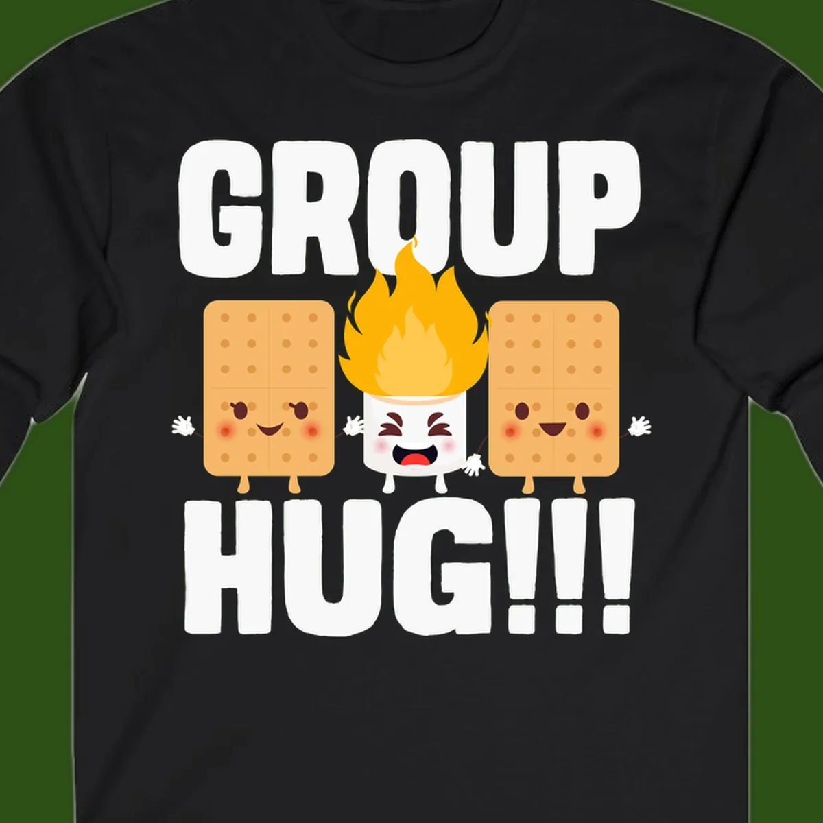 Illustration of two smiling graham crackers and a flaming marshmallow hugging under the text 'GROUP HUG' celebrating s'mores togetherness.