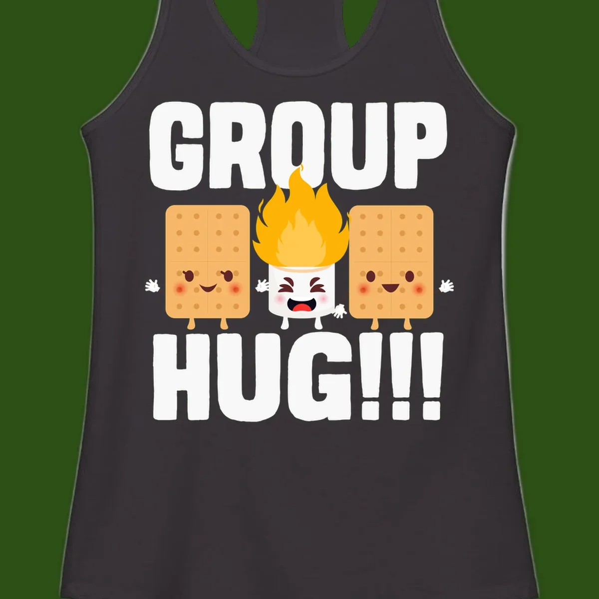 Illustration of two smiling graham crackers and a flaming marshmallow hugging under the text 'GROUP HUG' celebrating s'mores togetherness.