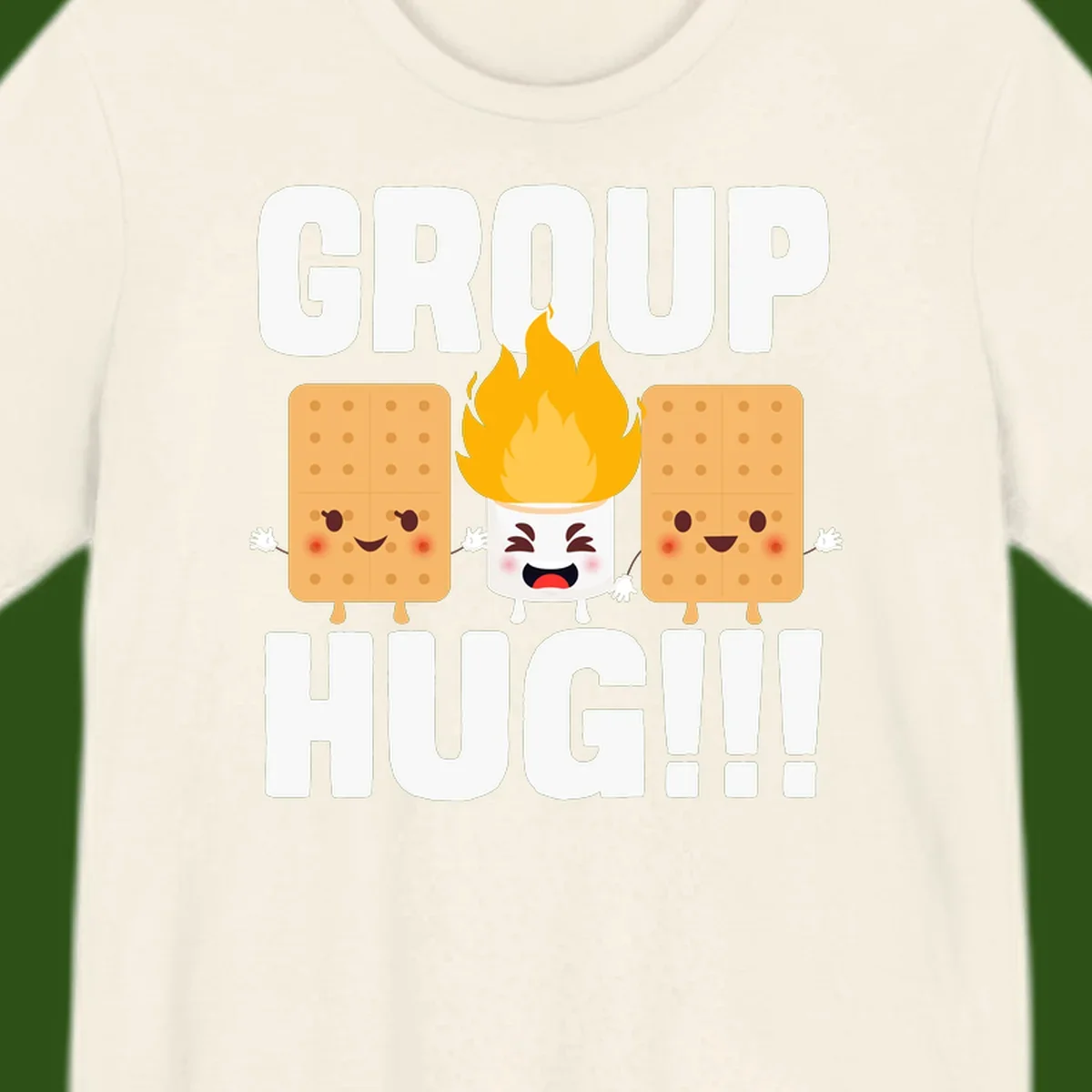 Illustration of two smiling graham crackers and a flaming marshmallow hugging under the text 'GROUP HUG' celebrating s'mores togetherness.