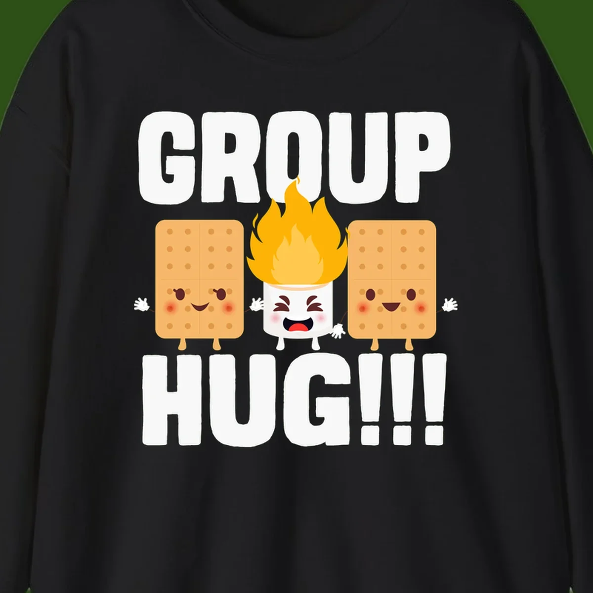 Illustration of two smiling graham crackers and a flaming marshmallow hugging under the text 'GROUP HUG' celebrating s'mores togetherness.