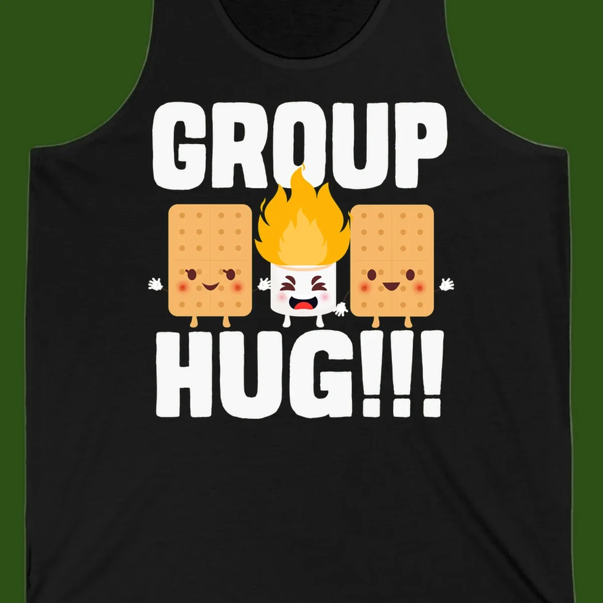 Illustration of two smiling graham crackers and a flaming marshmallow hugging under the text 'GROUP HUG' celebrating s'mores togetherness.
