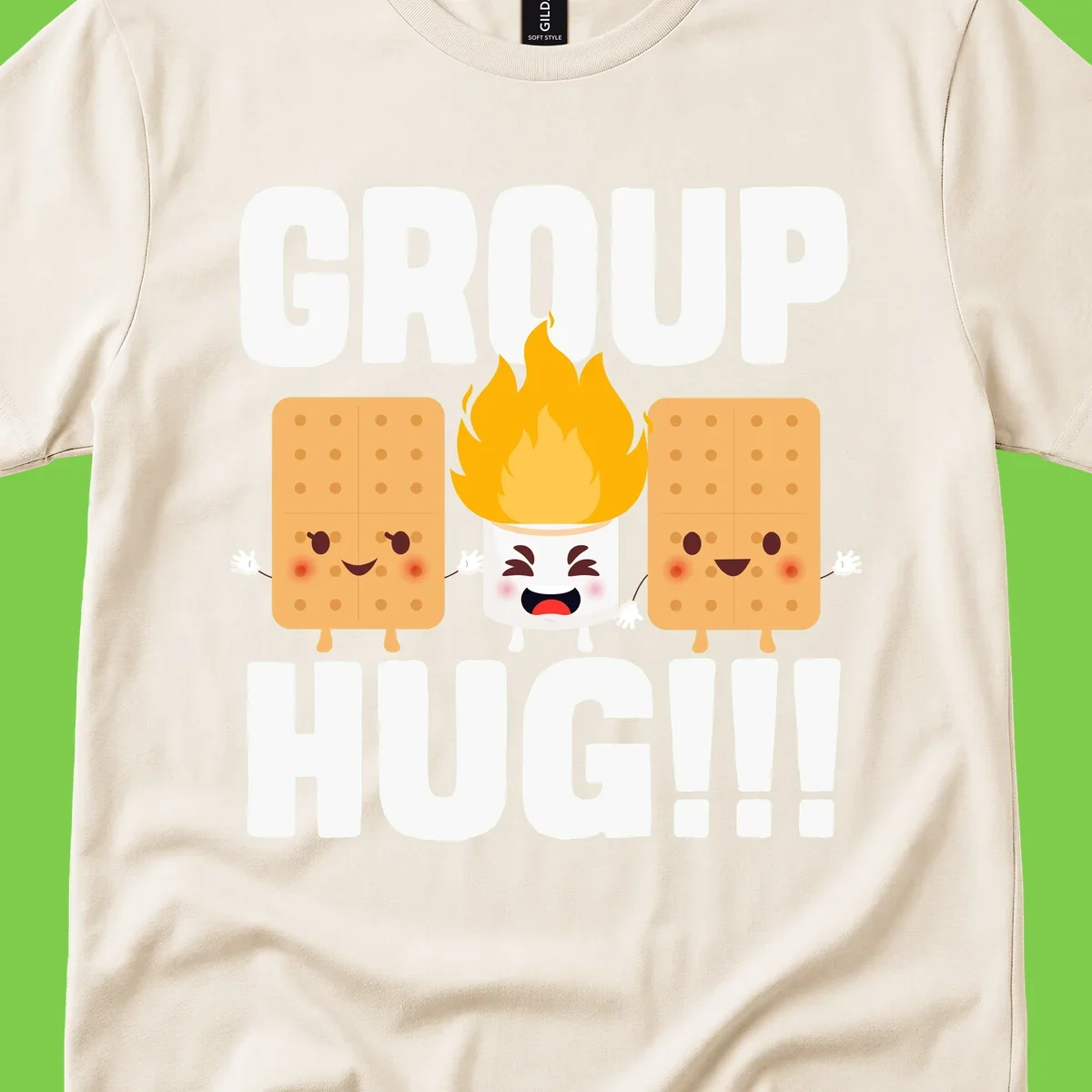 Illustration of two smiling graham crackers and a flaming marshmallow hugging under the text 'GROUP HUG' celebrating s'mores togetherness.